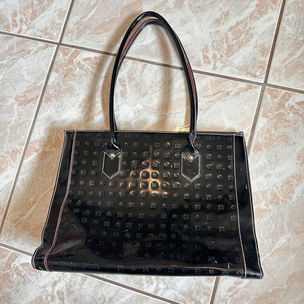 Arcadia Patent Leather Tote Bag Embossed Italy 14x10x4 VTG Geometric Red Trim